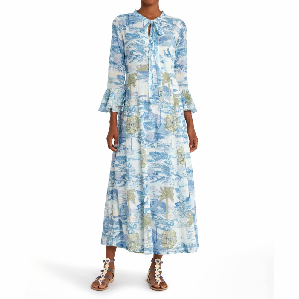Emporio Sirenuse Tracey Vesuvius Caftan Maxi Dress Blue Volcano Floral Print M L